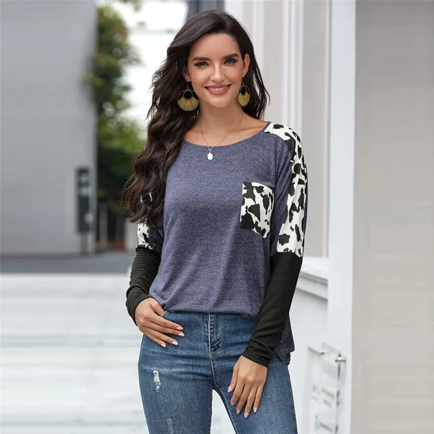 2024 Leopard Patchwork Long Sleeve Tee for Women