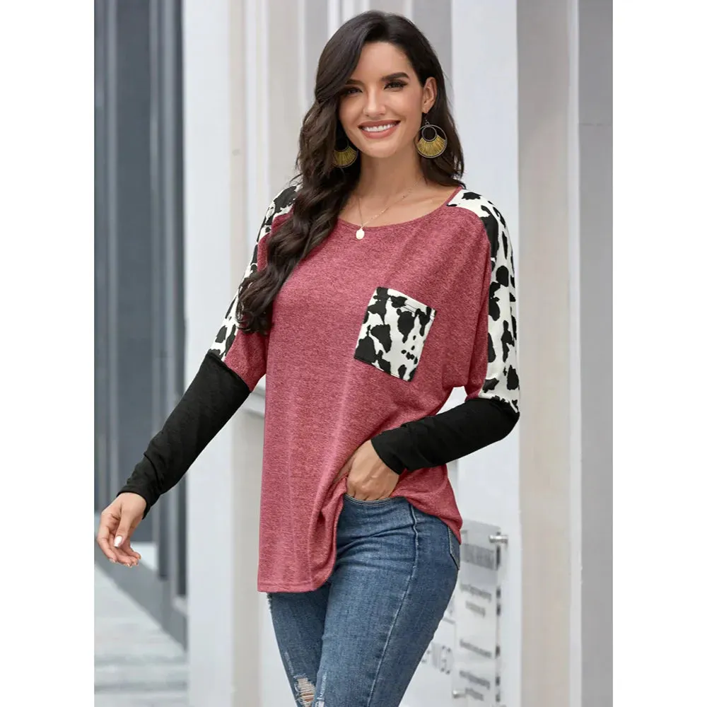 2024 Leopard Patchwork Long Sleeve Tee for Women