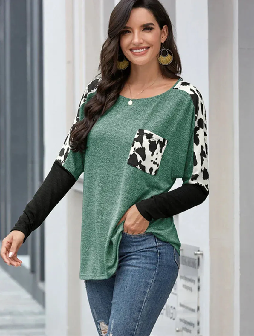 2024 Leopard Patchwork Long Sleeve Tee for Women