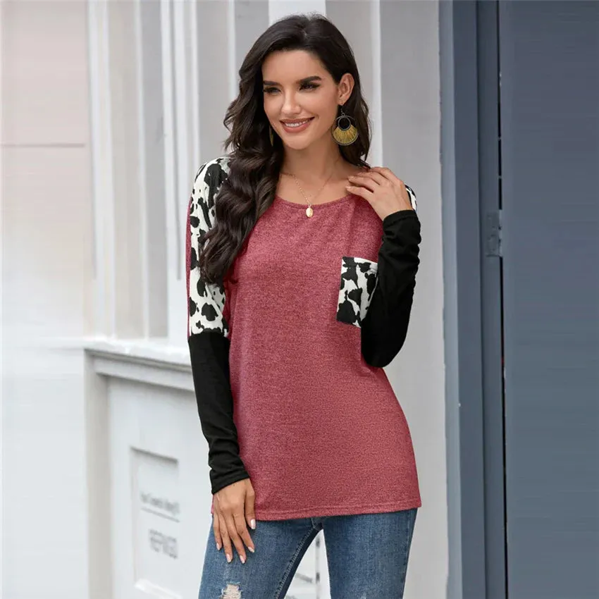 2024 Leopard Patchwork Long Sleeve Tee for Women