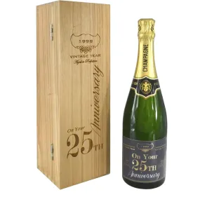 25th Anniversary Personalised 75cl Bottle of Champagne Presented in an engraved Wooden Box 1999