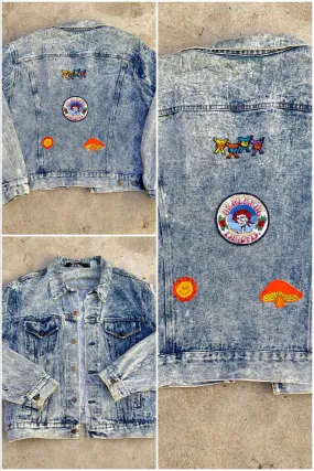 80s Acid Washed Denim Jacket Grateful Dead Patches, Dead Head Denim Jacket, Grunge Rocker