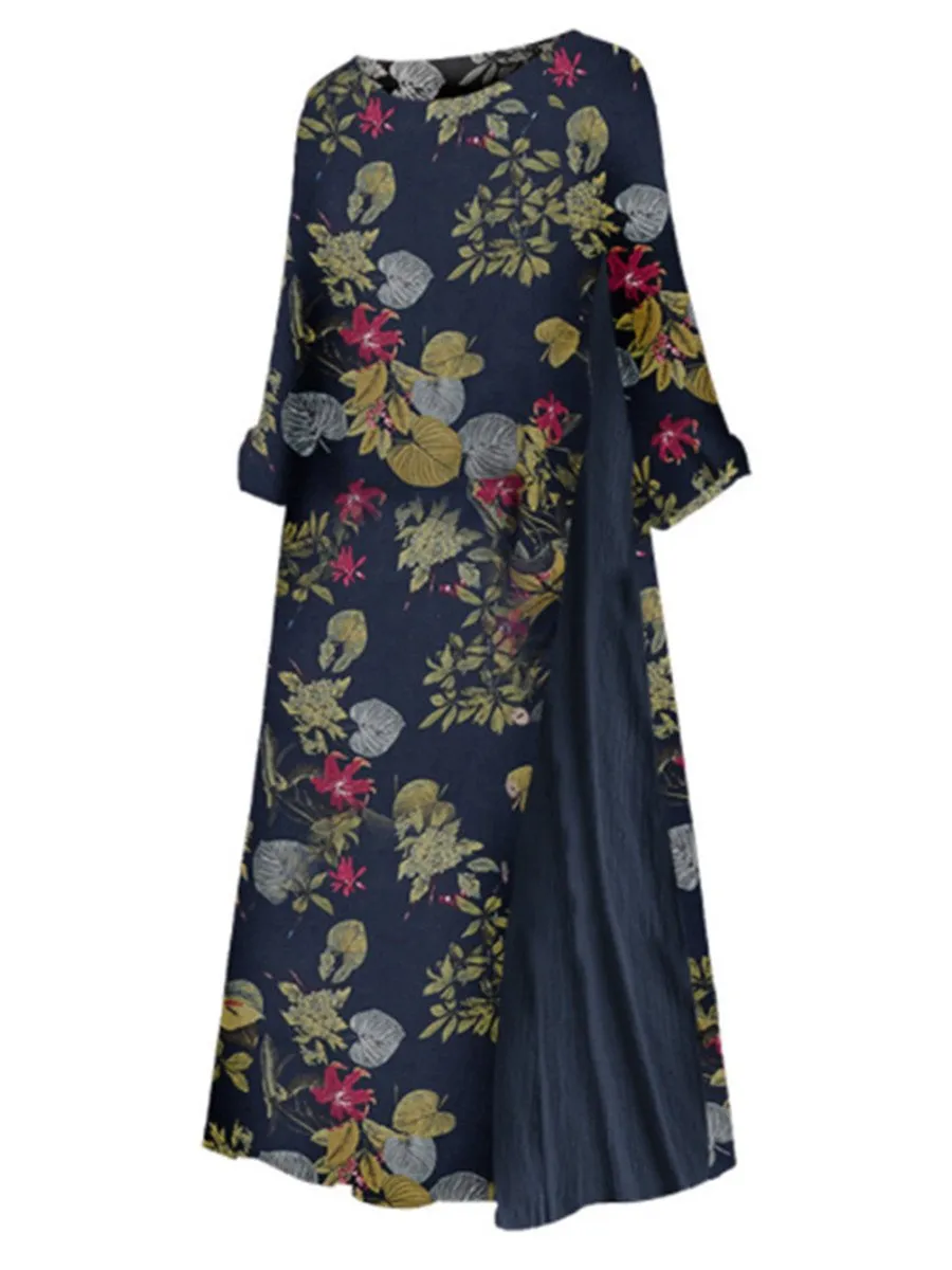 Autumn and Winter Vintage Flower Round Neck Patchwork Dress