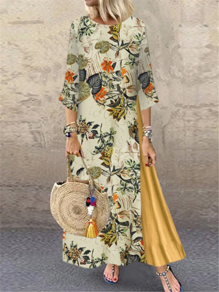 Autumn and Winter Vintage Flower Round Neck Patchwork Dress