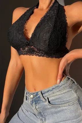 BerryBetty - Black Lace Crochet Halter Neck Bralette