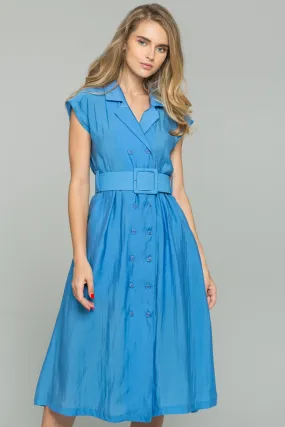 Blue Double Buttoned-Down Belted Shirt Dress