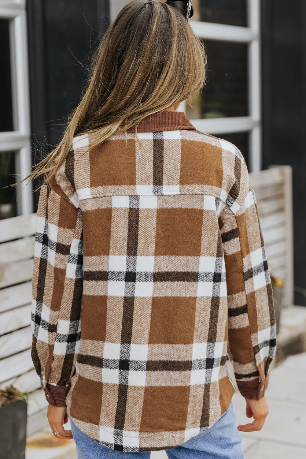 Brown Pocketed Buttoned Plaid Shirt Jacket