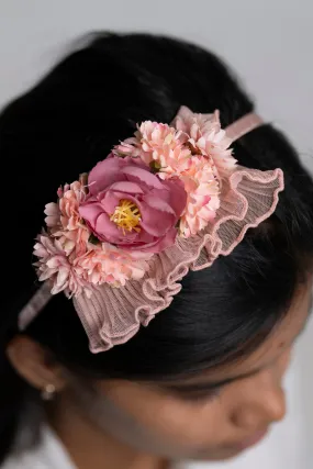 Chic Coral Blossom Hairband with Ruffled Lace Detail