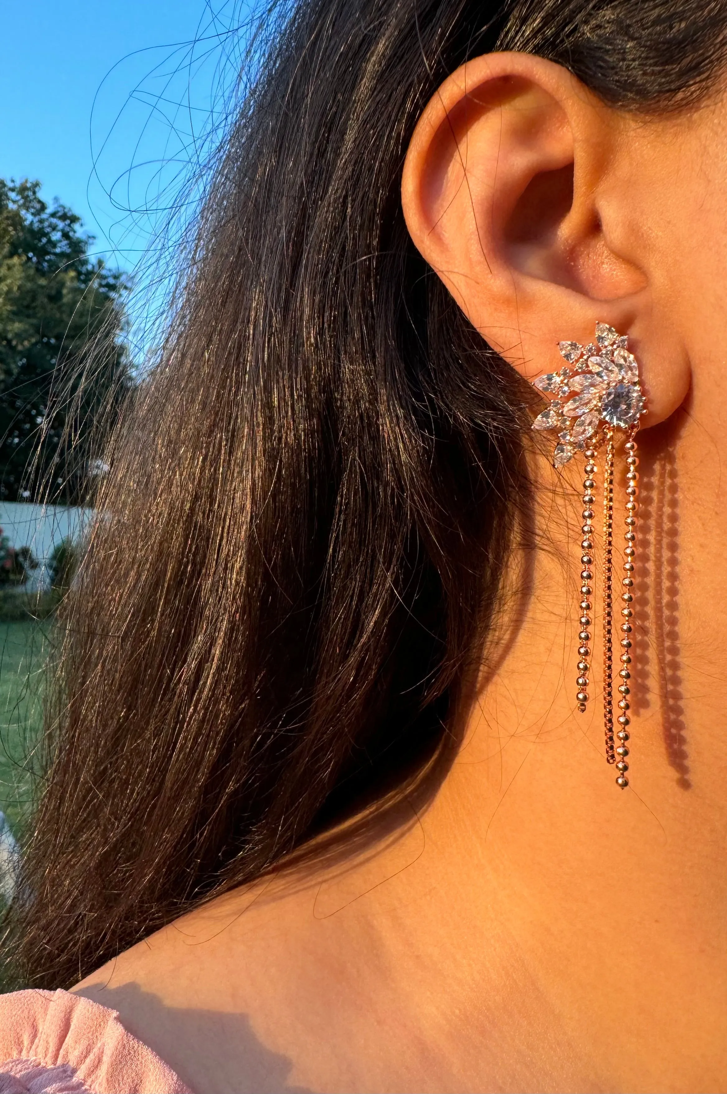 Ear Spike Chain Tassel Rose gold Rhinestone Dangle Earrings