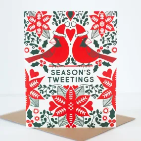 folk art Christmas card, cardinal holiday card, season's tweetings card for bird lover