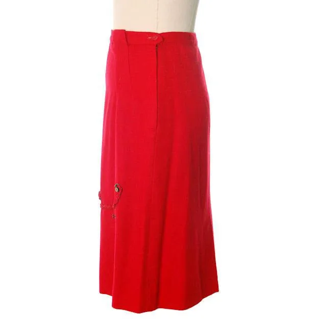 Hot Lipstick Red Vintage Pencil Skirt  Wool w Passementerie Braid On Front 1950s Waist 29"