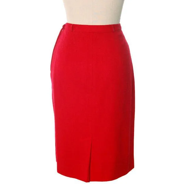 Hot Lipstick Red Vintage Pencil Skirt  Wool w Passementerie Braid On Front 1950s Waist 29"