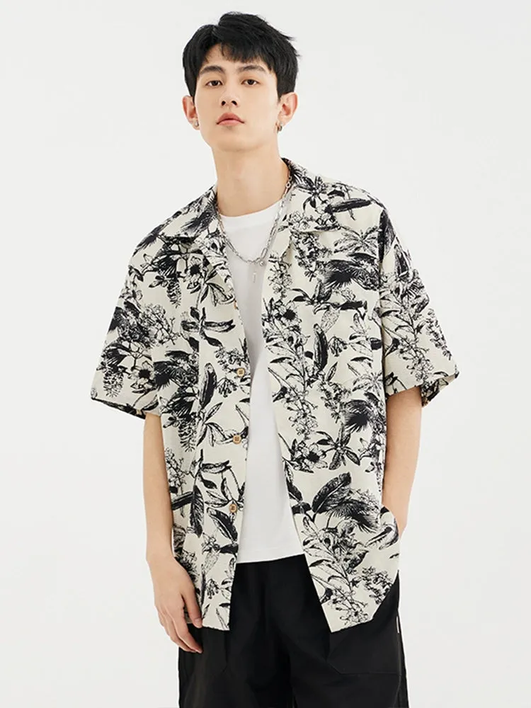 Monochrome Floral Print Button-Up Short Sleeve Shirt