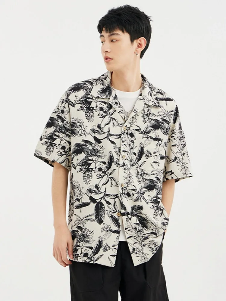 Monochrome Floral Print Button-Up Short Sleeve Shirt