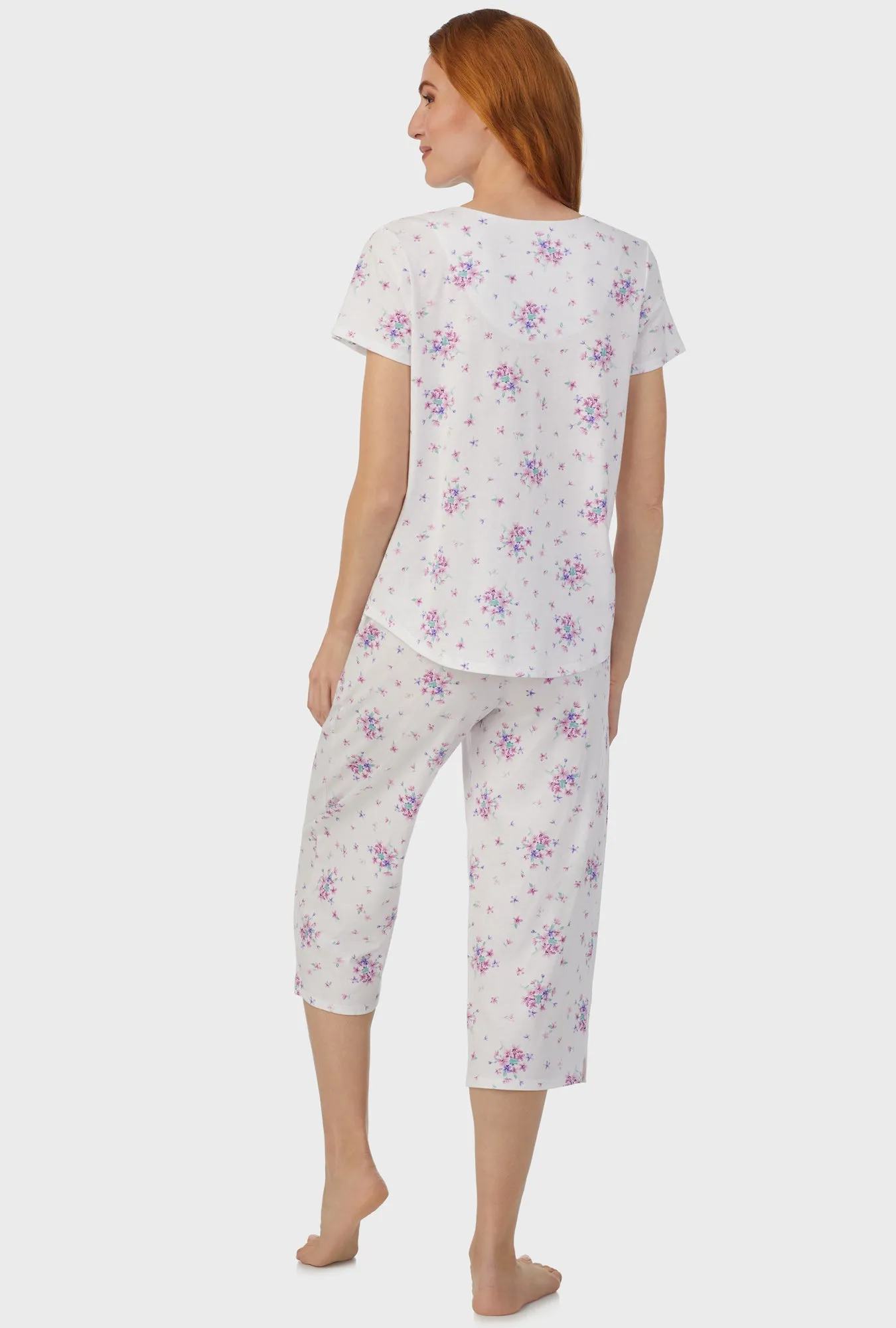 Mulberry Purple Floral Bouquet Short Sleeve Capri Pant PJ Set