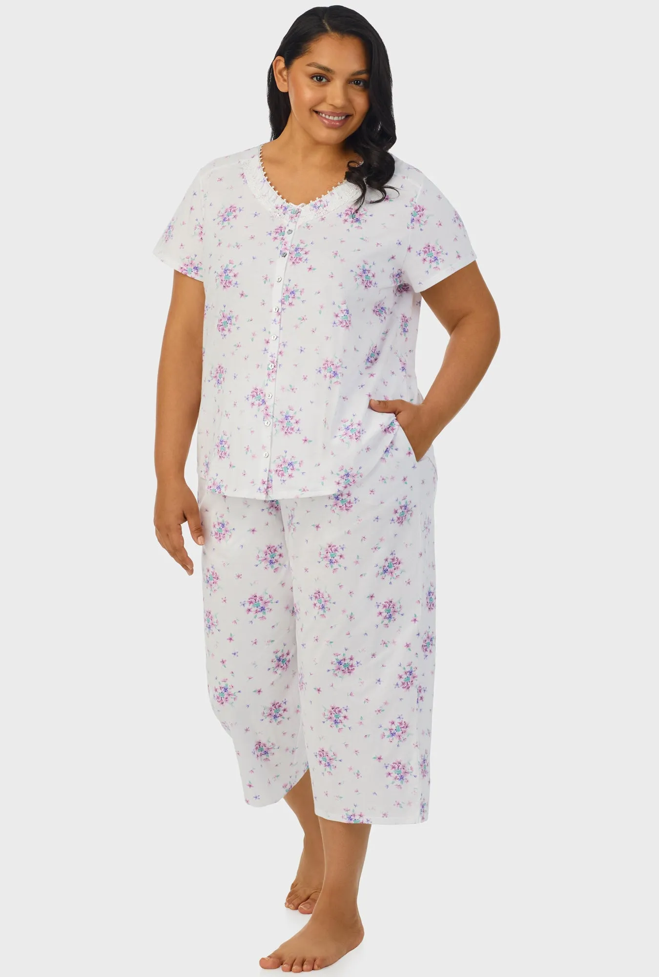 Mulberry Purple Floral Bouquet Short Sleeve Capri Pant PJ Set