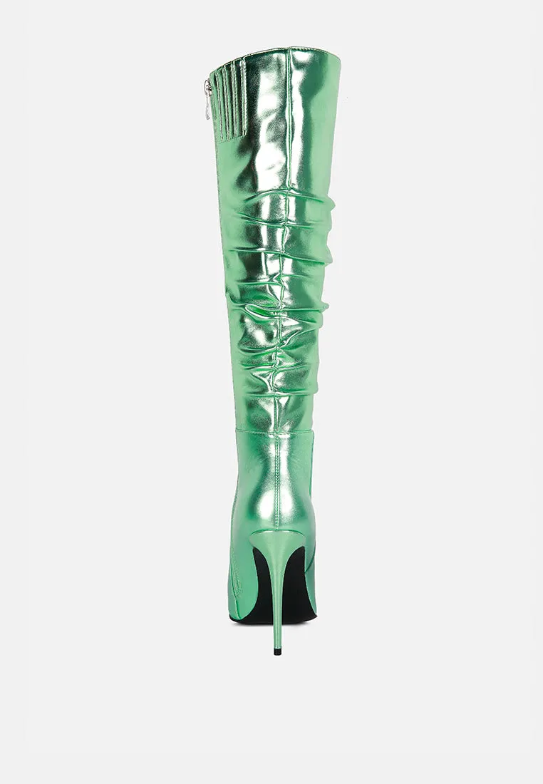 NEW-EXPRESSION Mint Green Metallic Ruched Stiletto Knee Boots