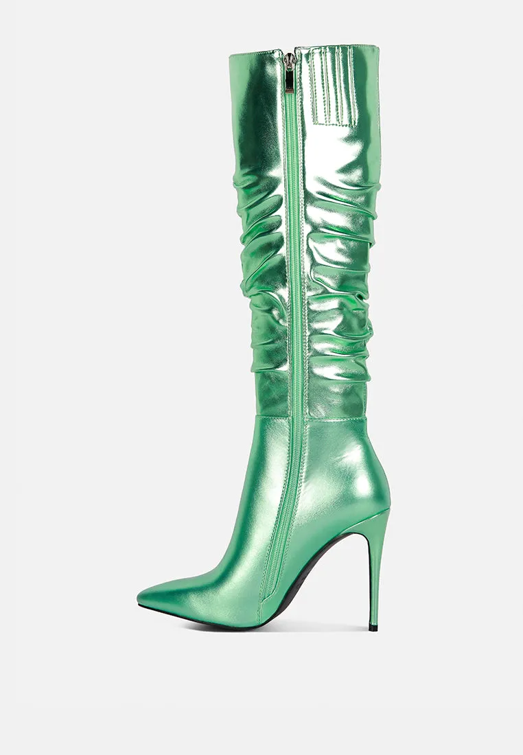 NEW-EXPRESSION Mint Green Metallic Ruched Stiletto Knee Boots