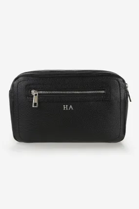 Personalised Leather Double Zip Wash Bag - Black Pebble with Silver Hardware