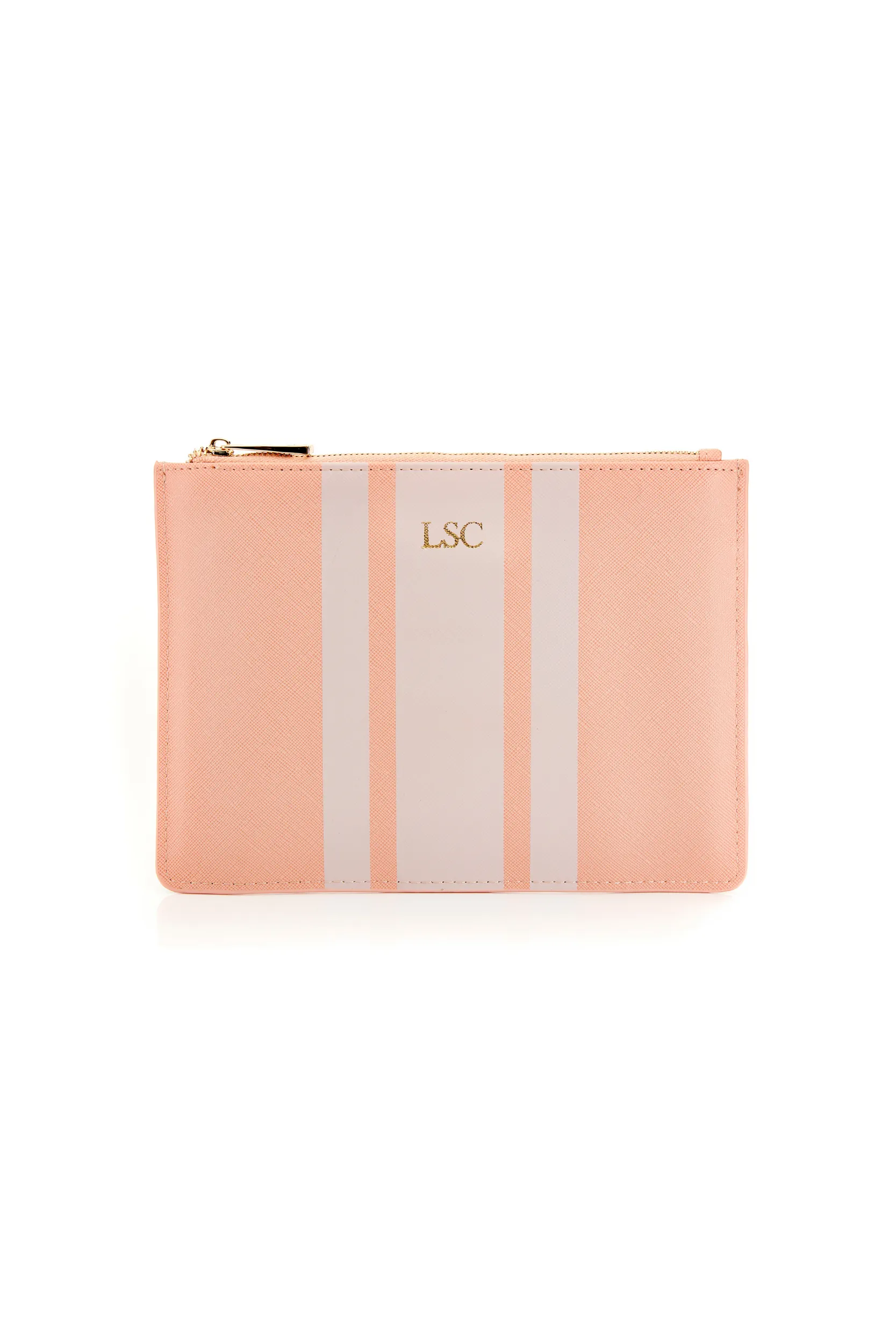 Personalised Leather Stripe Pouch - Nude Saffiano with Gold hardware