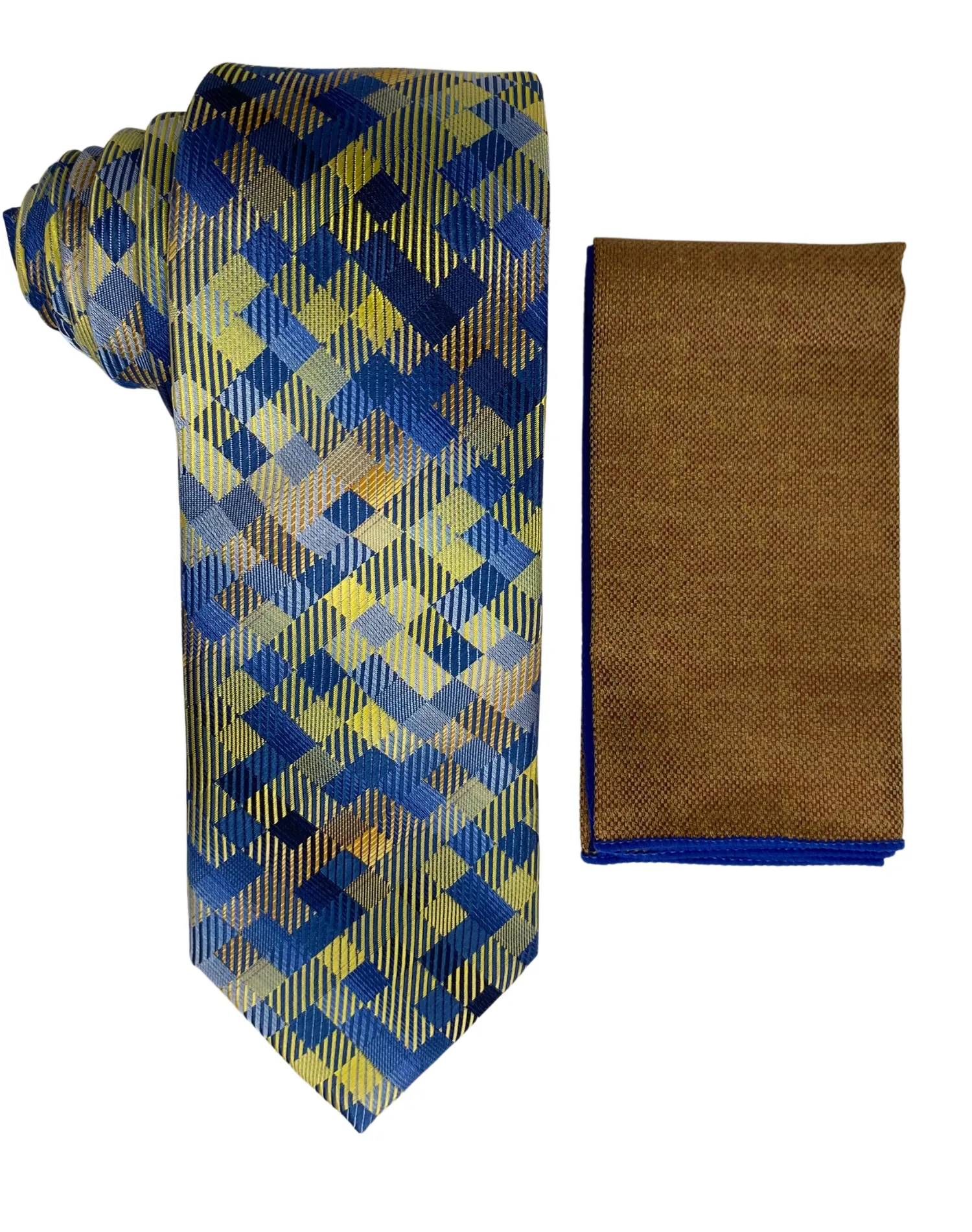 Stacy Adams Checkered Tie and Handkerchief - Blue & Gold